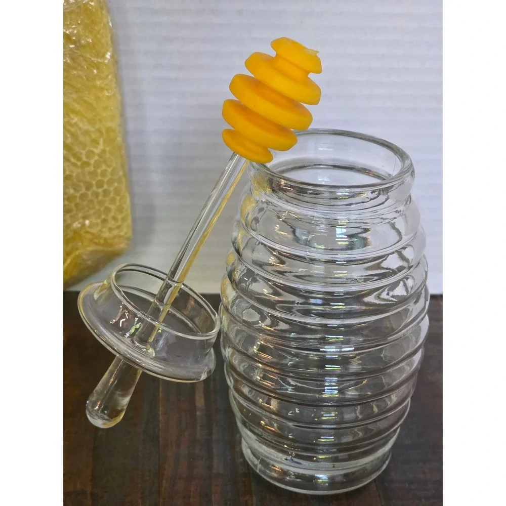 Glass Beehive Honey Pot Jar‎ with Silicone Dipper and Fresh Honeycomb Slab Set